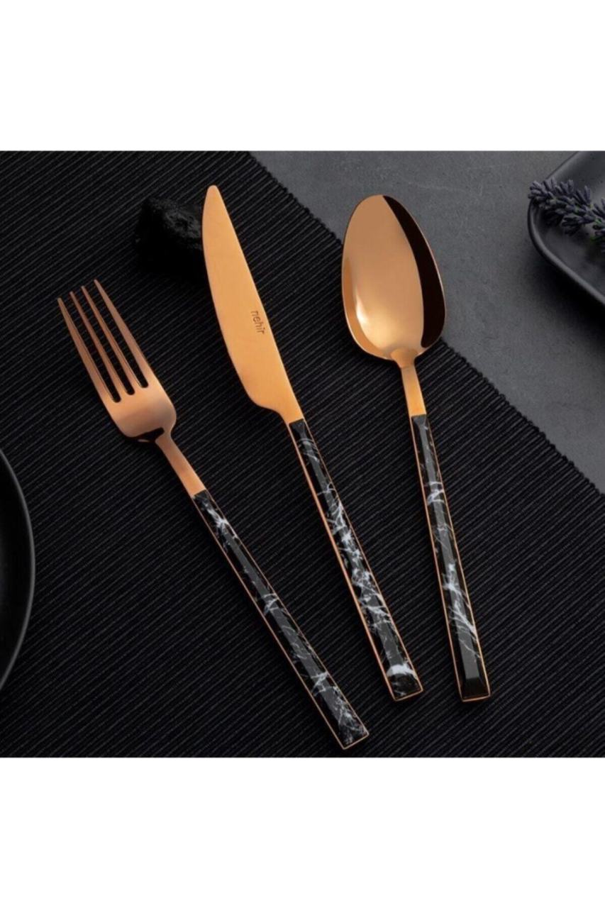 Nehir Tulip - Siyah Mermer Bronz Çatal Kaşık Bıçak Seti