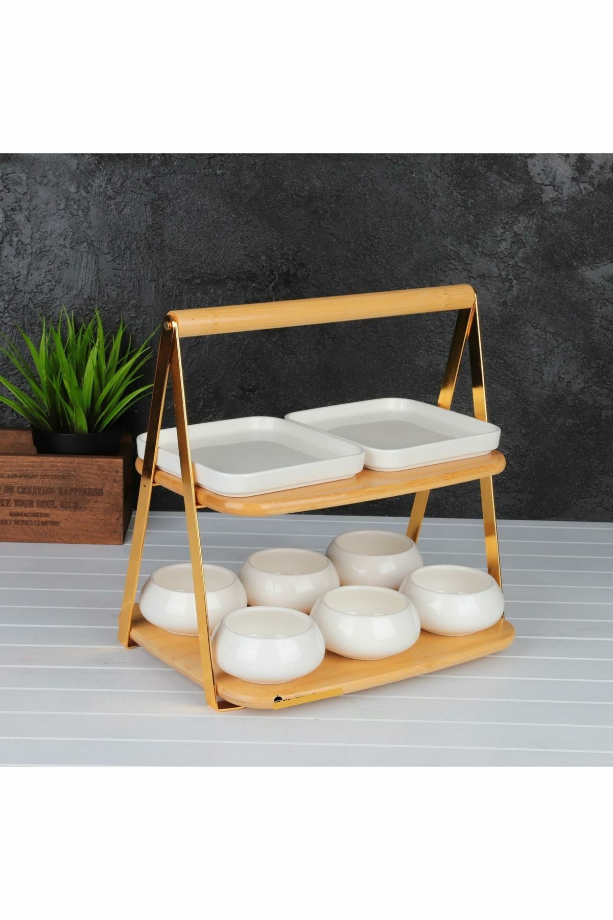 Mien Sunumluk 2 Katlı Bambu Gold Mien-722
