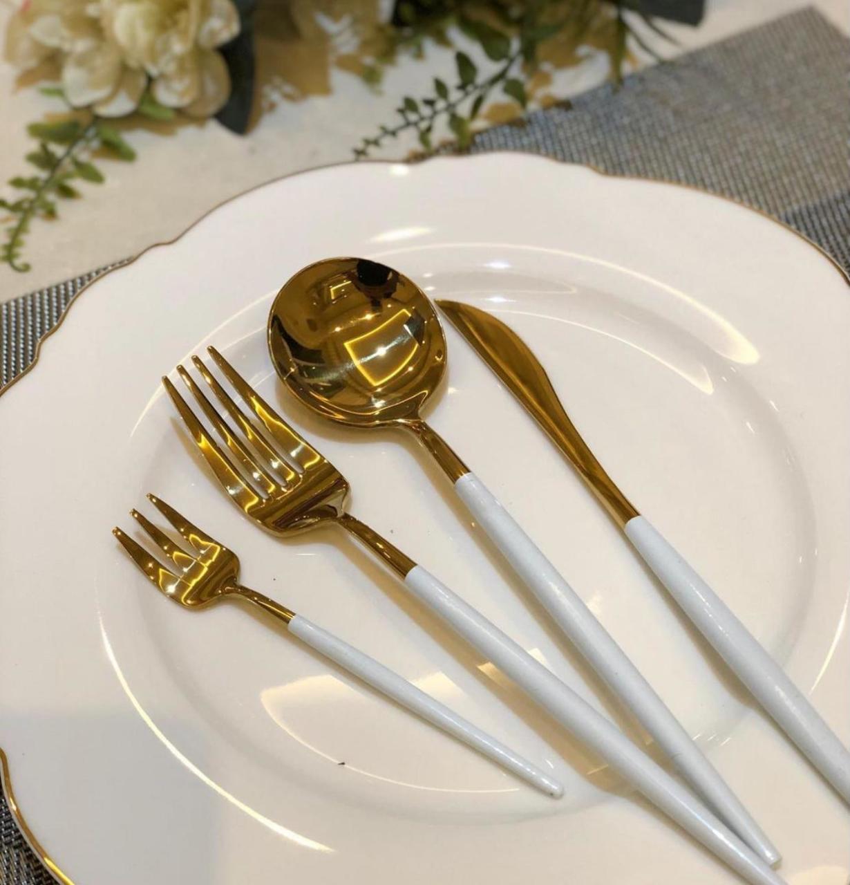 Aymet 24 Parça Beyaz-Gold Çatal Kaşık Bıçak Takımı Aym1600A