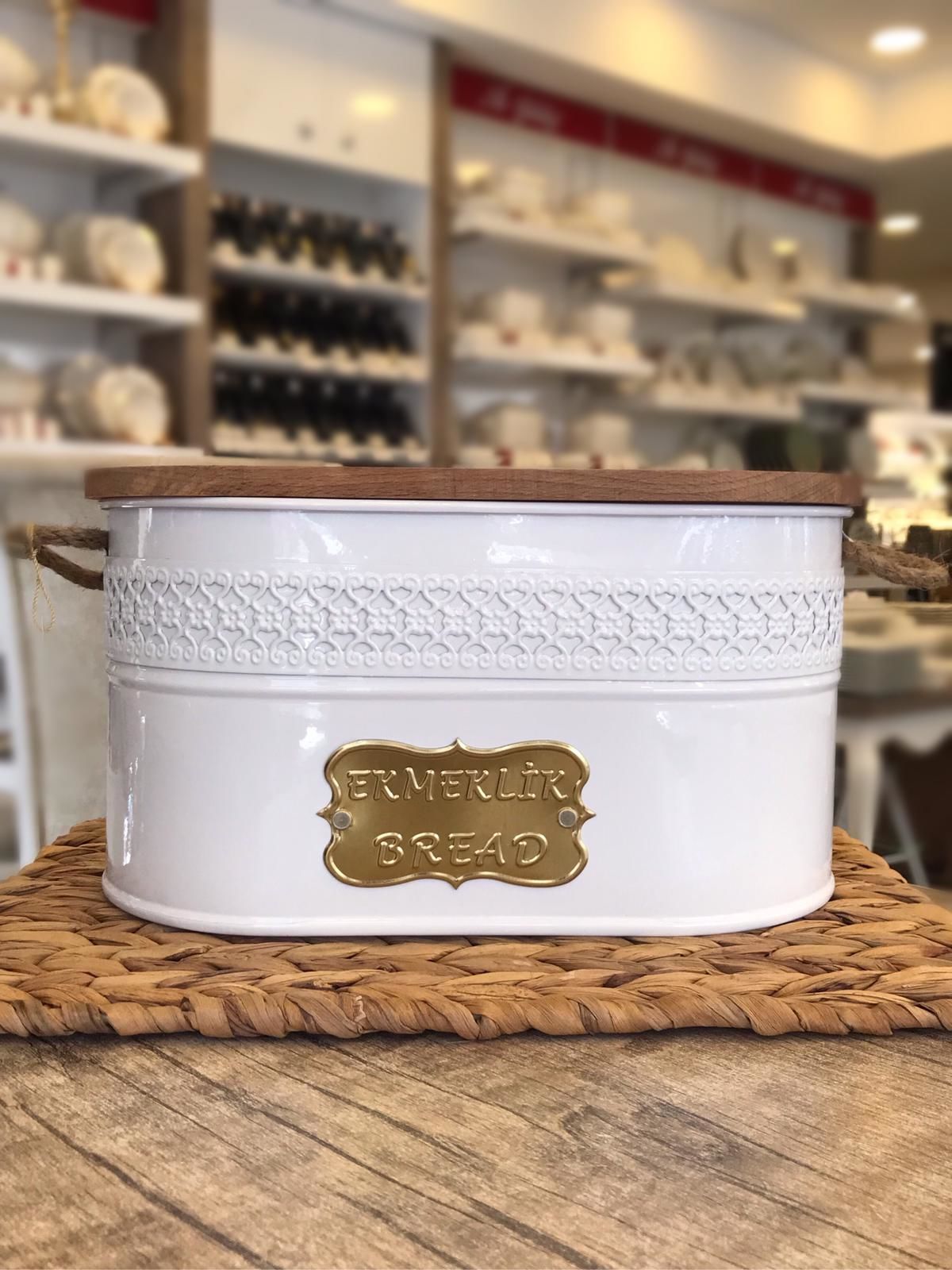 İpek Ekmeklik Metal Ahşap Kapaklı Oval Beyaz YLD019