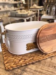 İpek Ekmeklik Metal Ahşap Kapaklı Oval Beyaz YLD019