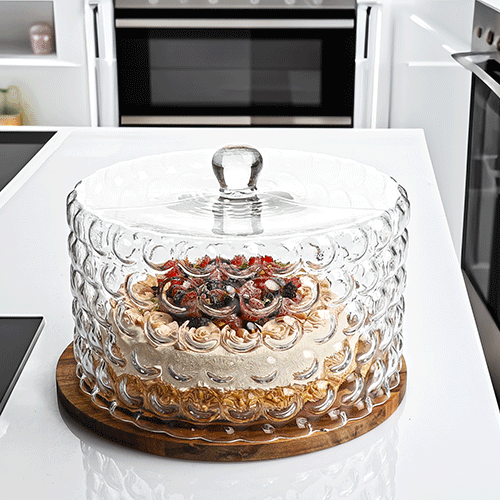 Kosova Cam Pasta Standı Akasya Taban Bubble Desen 28 Cm ANH-02