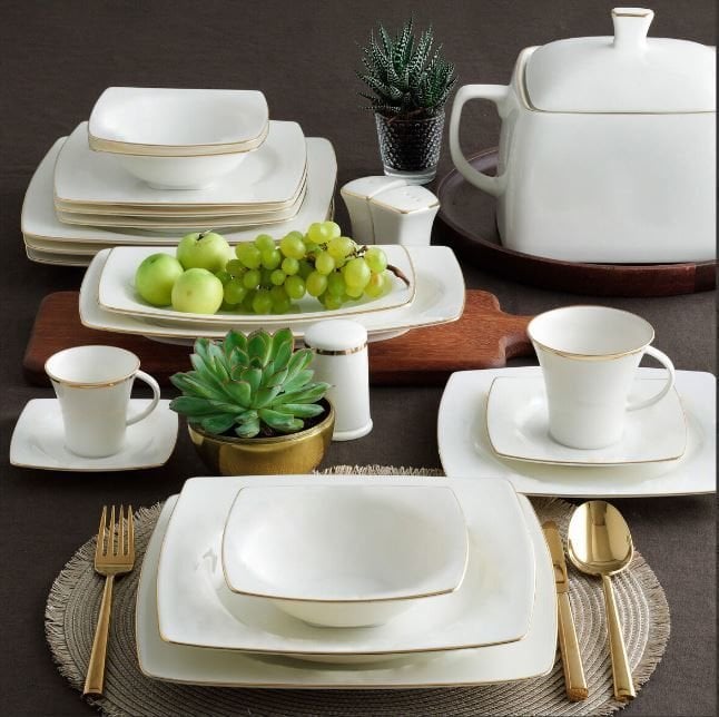 Güral Porselen 85 Parça Caroline Kare Altın Yemek Takımı