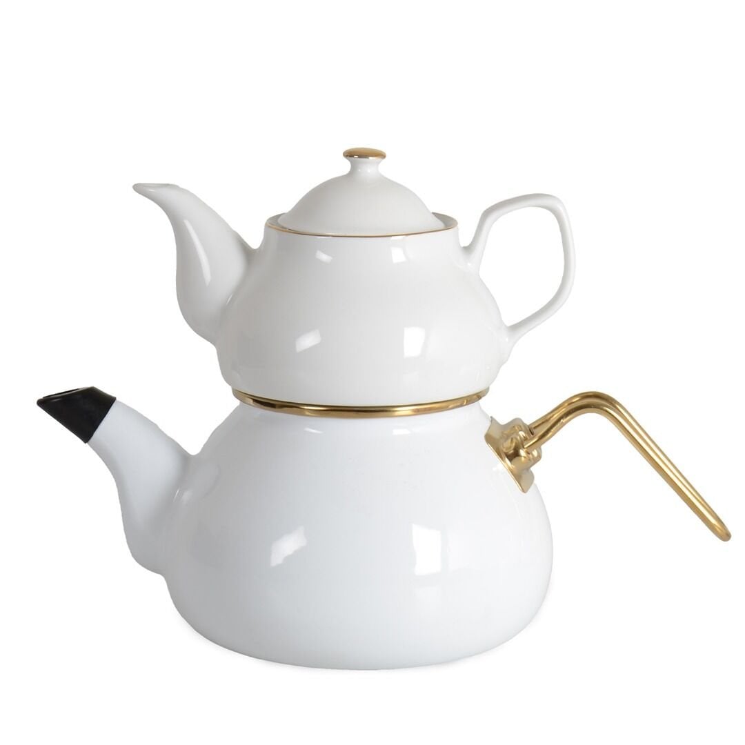 İpek Emaye Çaydanlık Takımı Porselen Demlik Beyaz SMY190