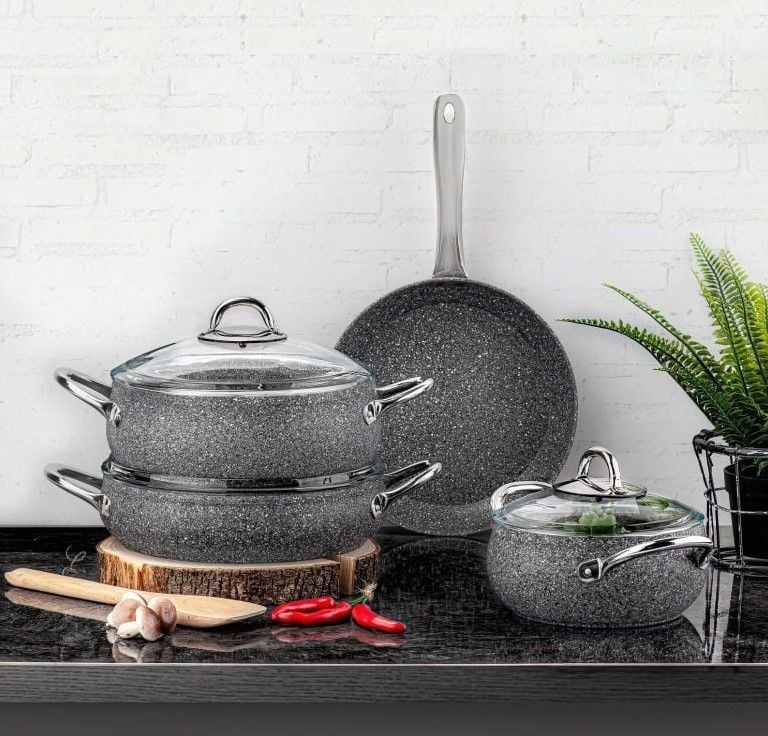 Taç Luna 4'lü 7 Parça Granit Tencere Seti Gri Taç-3494