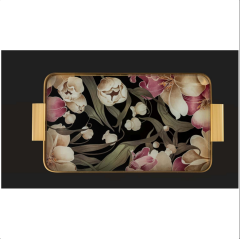 Arow Tepsi Metal Cam Desenli Siyah Pembe 24X40 Cm Gold TR-1203