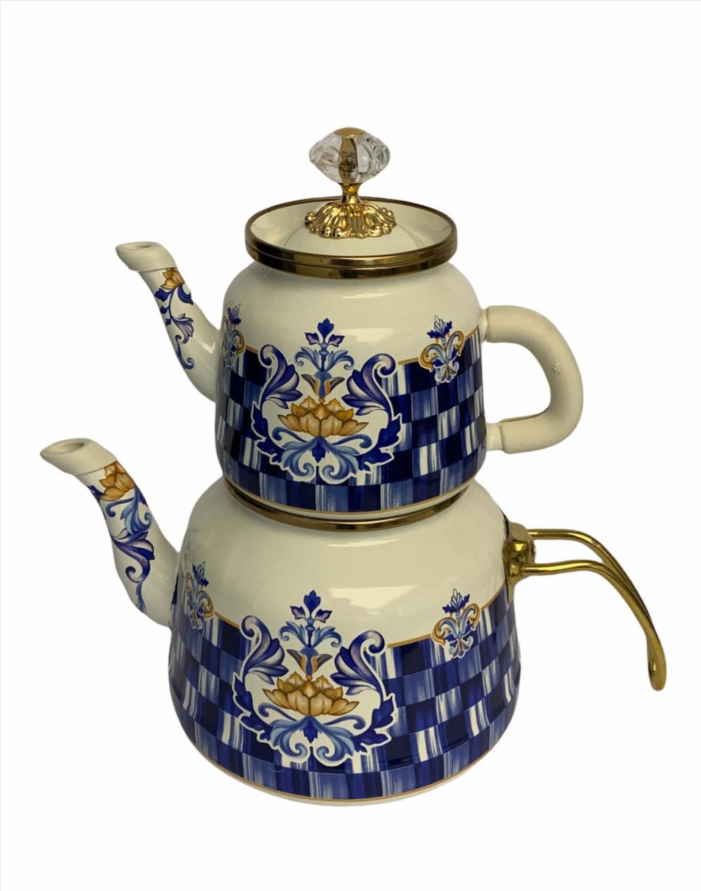 Sembol Alt Üst Emaye Mavi Motifli Dekorlu Çaydanlık Takımı