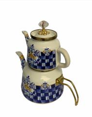 Sembol Alt Üst Emaye Mavi Motifli Dekorlu Çaydanlık Takımı