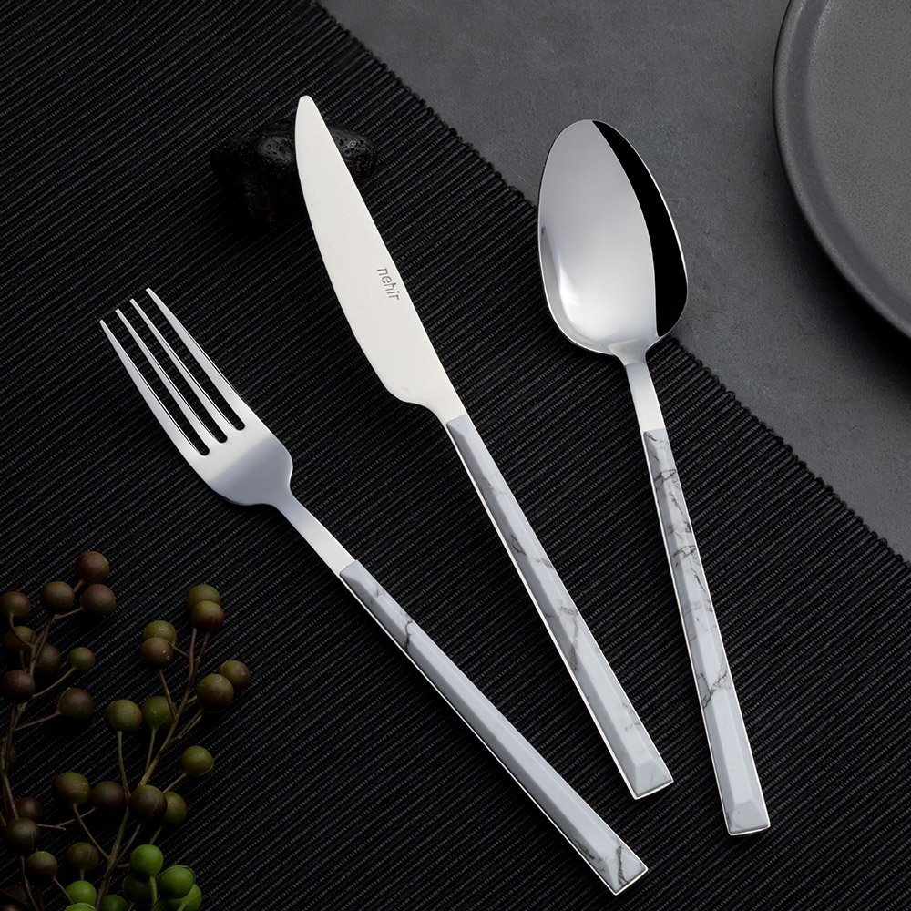 Nehir Flora Parlak Beyaz Mermer 36 Parça Çatal Bıçak Kaşık Takımı