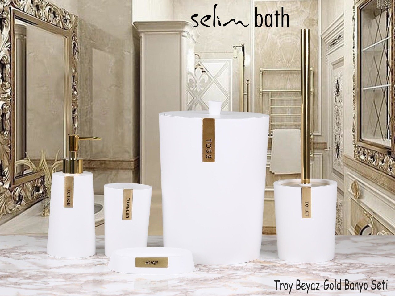 By Selim Banyo Seti Troy Beyaz Altın 5 Parça