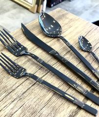 Oms Titanyum Kaplama Almendra Siyah Çatal Kaşık Bıçak Seti 4201