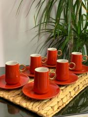 Aryıldız 6 Kişilik Kırmızı-Altın Kahve Fincan Takımı AR5437698