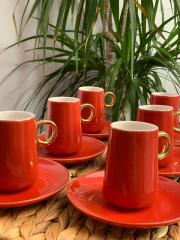 Aryıldız 6 Kişilik Kırmızı-Altın Kahve Fincan Takımı AR5437698