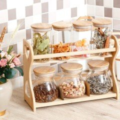 Arow Bambu Kapaklı ve Standlı Cam Baharat Takımı TR804