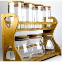 Arow Bambu Kapaklı ve Standlı Cam Baharat Takımı TR804