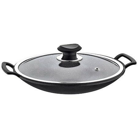 Oms 34 CM Granit Döküm Sac Tava Cam Kapaklı