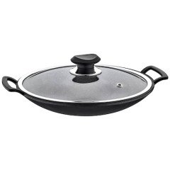 Oms 34 CM Granit Döküm Sac Tava Cam Kapaklı