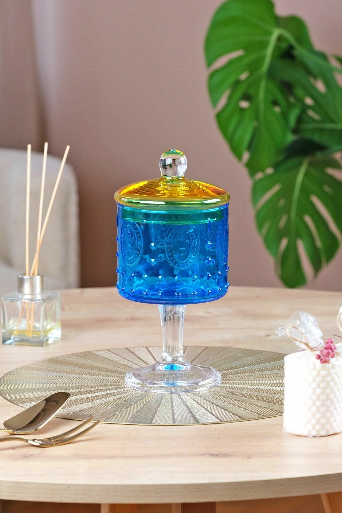 Glore Kavanoz Fleur Ayaklı Turkuaz Sarı 83323